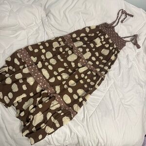 Bucket List Brown Smocked Midi Dress Polka Dot Boho Tiered Women’s S/M